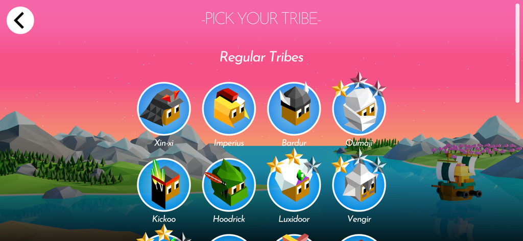 The Battle of Polytopia - 様々なローポリの部族キャラクターが表示された「ポリトピアの戦い」の部族選択画面