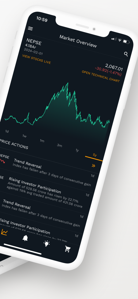 npstocks, Your NEPSE Assistant - Mobile app interface showing NEPSE market overview with a 5-year historical price chart and trend analysis insights.