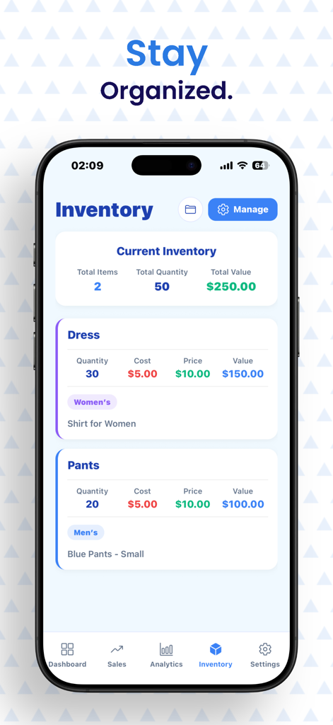 Trackly : Business Tracker - Inventory tracking interface in Trackly showing stock levels and item values for a small business