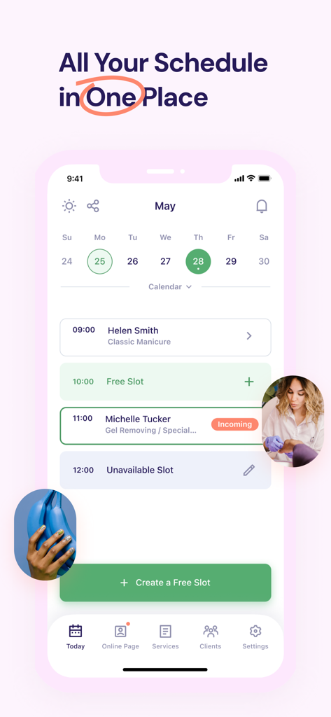 Sammy: Beauty Booking - Interface do aplicativo móvel mostrando a agenda diária de um profissional de beleza com compromissos de clientes