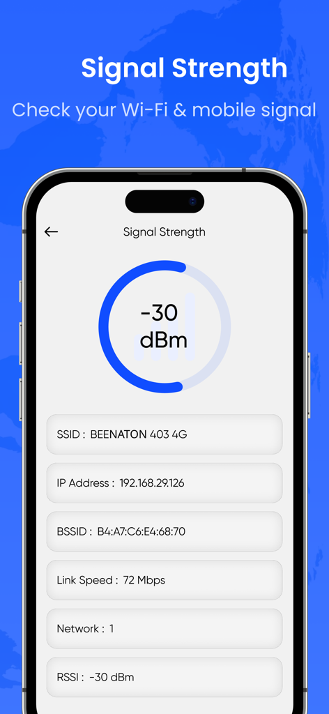 Wifi Password View : Show Key - A smartphone screen displaying a WiFi signal strength analyzer with a dBm meter and network connection details