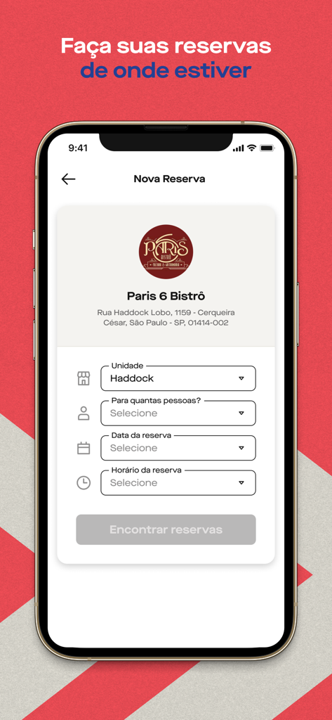 Get In: Restaurantes e Bares - Smartphone screen showing the Get In app reservation form for a restaurant named Paris 6 Bistro