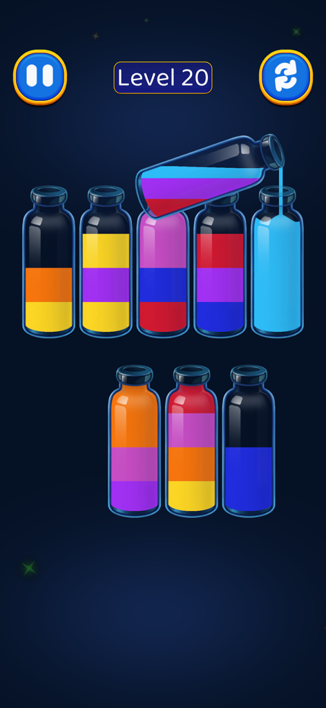 Water Sort Puzzle -Color Magic - Una captura de pantalla del juego Water Sort Puzzle que muestra el nivel veinte con líquidos de colores en botellas de vidrio.