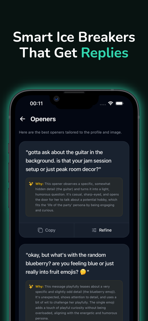 Rizz Dating AI-Flirt Coach - Smart ice breaker suggestions in the Rizz Dating AI app interface