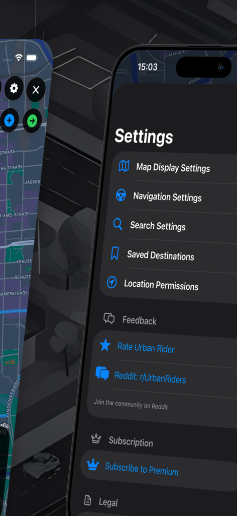 Urban Rider Scooter navigation - Menu delle impostazioni dell'app di navigazione per scooter Urban Rider con opzioni per la visualizzazione della mappa e le impostazioni di navigazione.