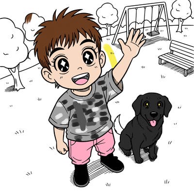 8 year old kid in a gray shirt and pink pants and black shoes with short brown hair with bangs