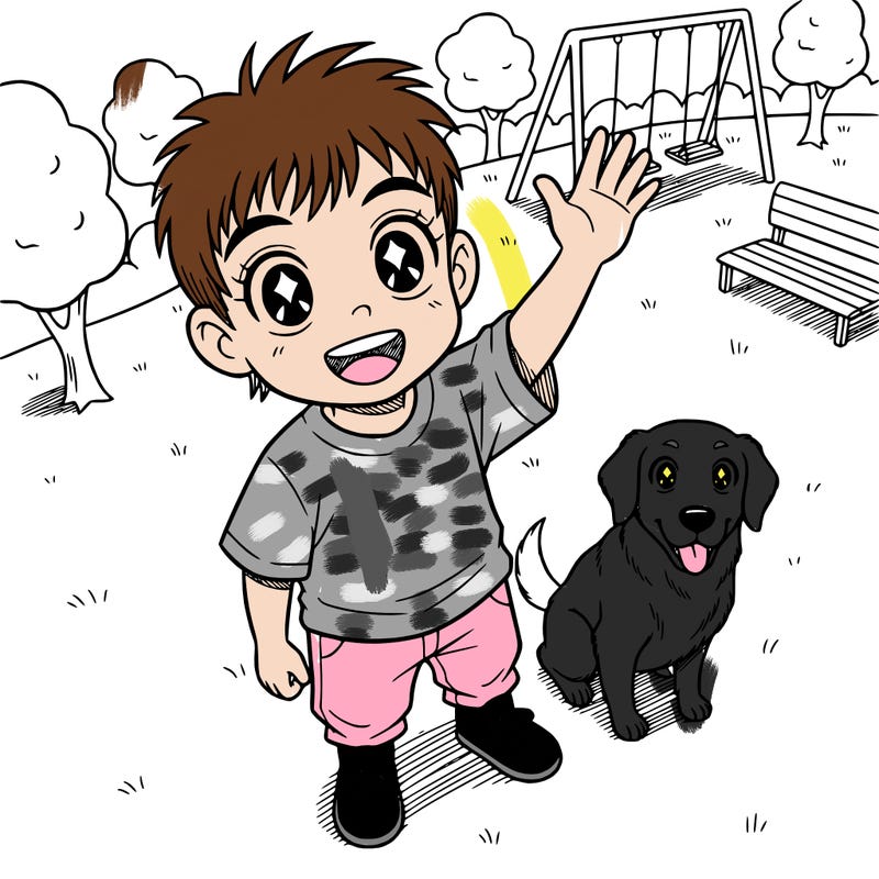 8 year old kid in a gray shirt and pink pants and black shoes with short brown hair with bangs