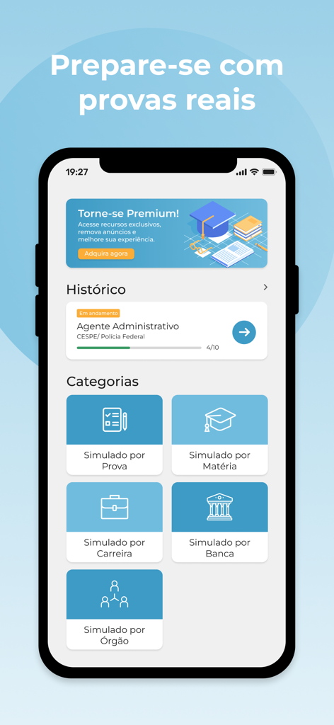 Dashboard of the Concurso Publico app showing mock exam categories by subject, career, and institution.