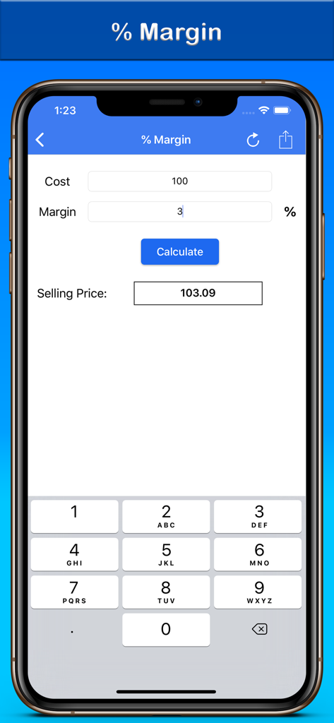 % Percentage Calculator - Mobile app interface showing a profit margin calculation for determining selling price