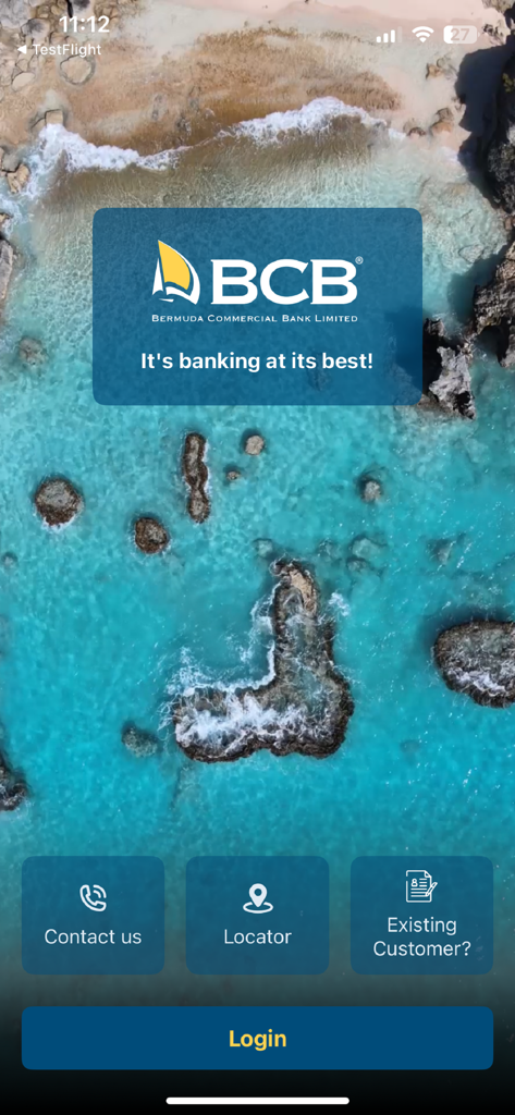 BCB Mobile Banking App - BCB Mobile Banking App login screen with a tropical Bermuda beach background and login options