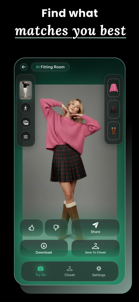 AI-powered virtual try-on interface showing a woman in a pink sweater and plaid skirt