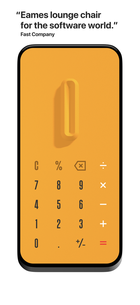 (Not Boring) Calculator - Not Boring Calculator app interface with a minimalist yellow 3D design and a quote comparing it to an Eames lounge chair.