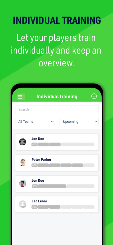Coaching Zone - Coaching Zone app screen showing a list of players with progress bars for individual training sessions.