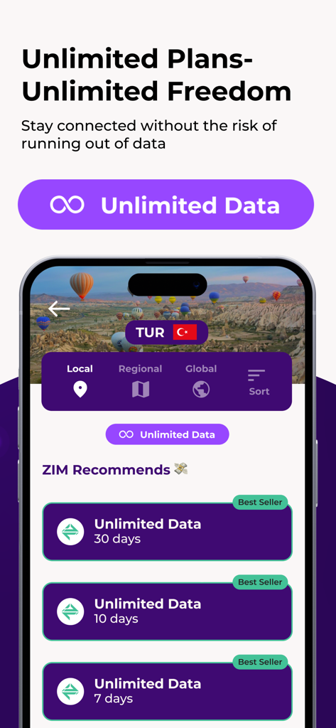 ZIM app interface showing unlimited data eSIM plans for Turkey travel.
