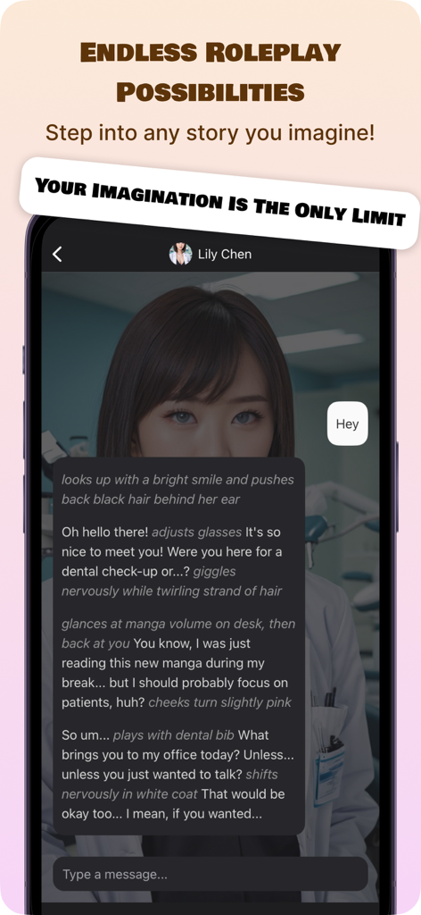 FunFun AI: AI Chat & Roleplay - Una captura de pantalla de la aplicación FunFun AI que muestra una conversación de chat inmersiva de rol con un personaje de IA llamado Lily Chen.