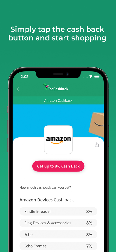 TopCashback app screen showing an Amazon cashback offer with a button to get up to 8 percent cash back