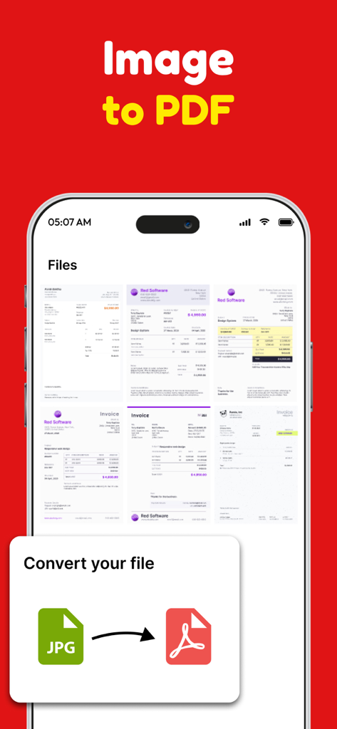 PDF Converter：Scanner & Reader - Interface d'application mobile montrant le processus de conversion d'images en PDF pour documents et factures.
