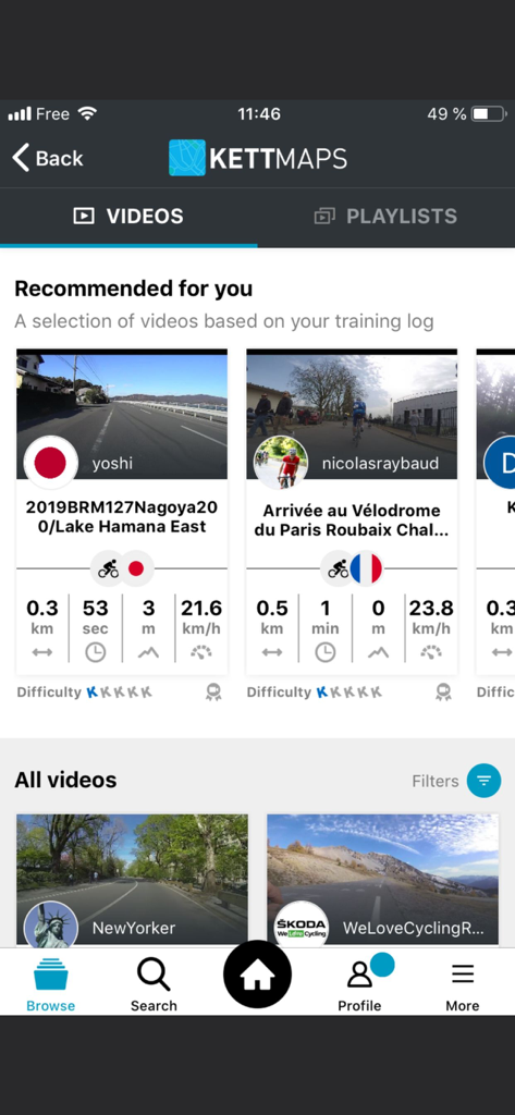 KETTMaps - KETTMaps app interface showing recommended indoor training videos with route statistics and difficulty levels.