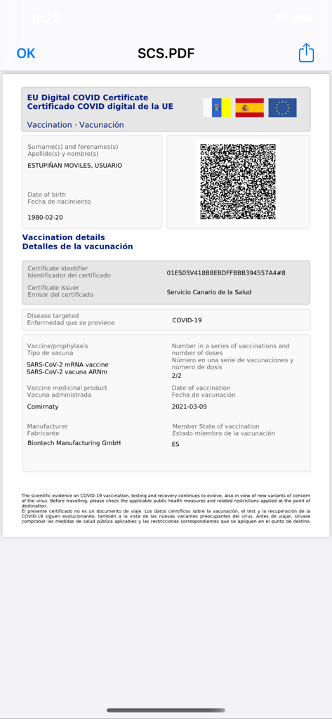 Certificado COVID Digital de la UE mostrado dentro de la aplicación móvil miHistoria para registros de salud de las Islas Canarias