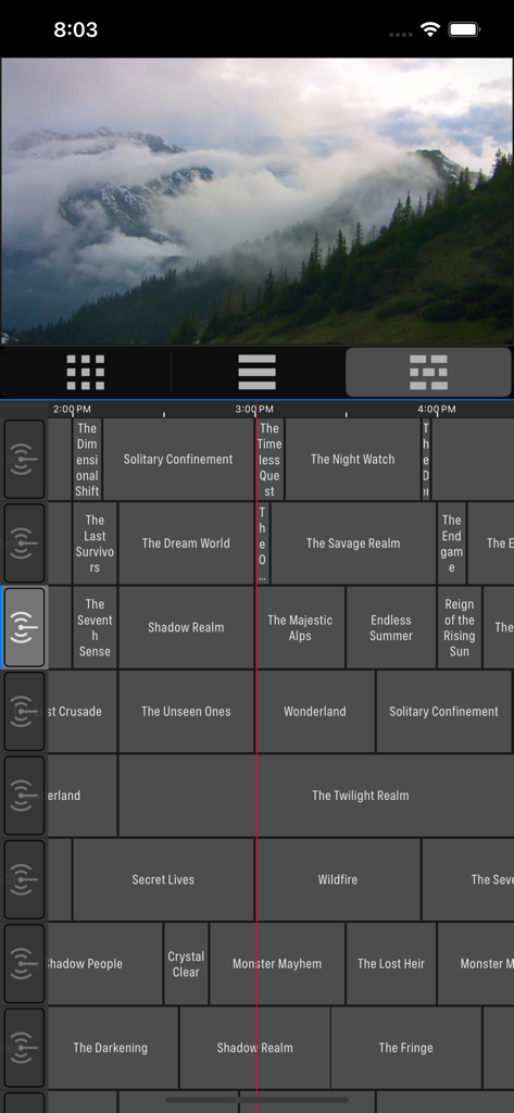 TV Set - TV Set app interface showing a live stream and a detailed electronic program guide