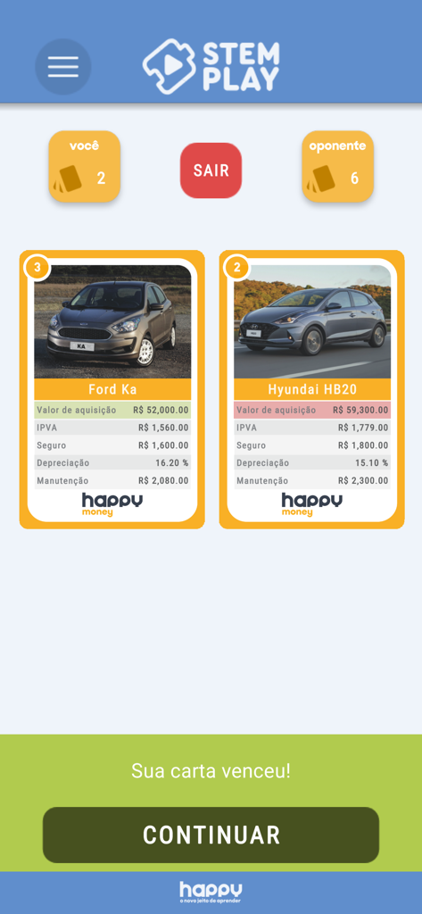 STEM Play - Letramento Digital - Interface de jogo de cartas educacional comparando custos de carros para letramento financeiro no aplicativo STEM Play.