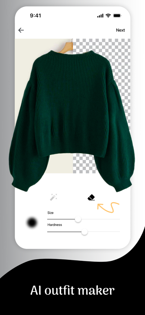 A mobile app screen showing a green sweater with its background being removed using an AI editing tool