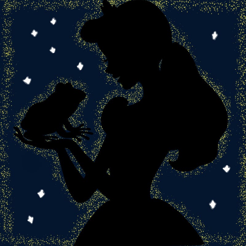 a shadow of a princess holding a frog realistic