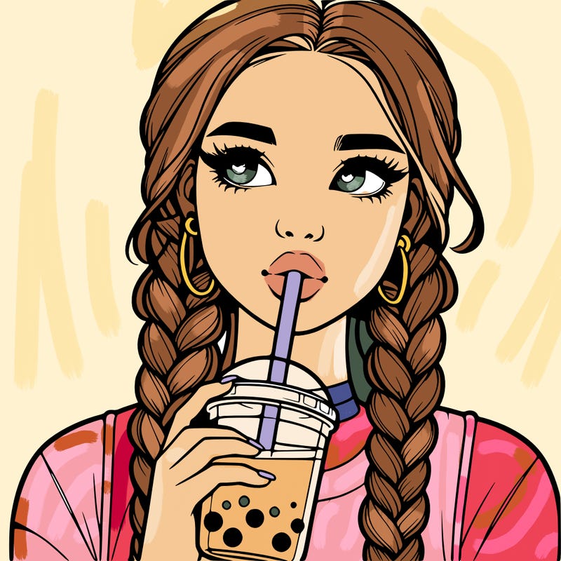 realistic girl with braided hair drinking boba