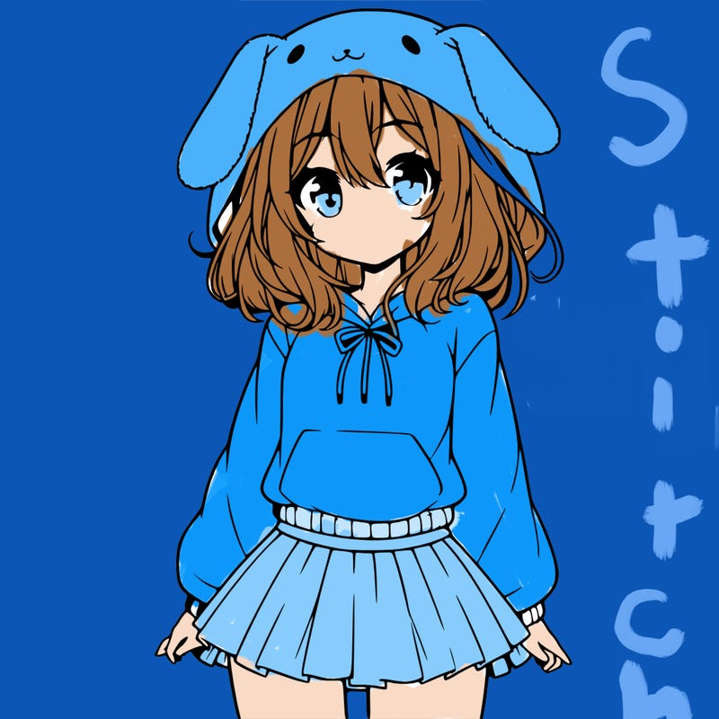 pretty anime girl wearing a fluffy hoodie with bunny ears on the hood and a skirt