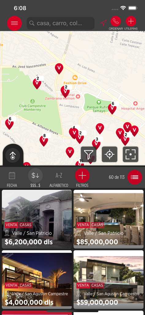 Avisos de Ocasion app interface showing a map with real estate pins and high-end property listings in Mexico