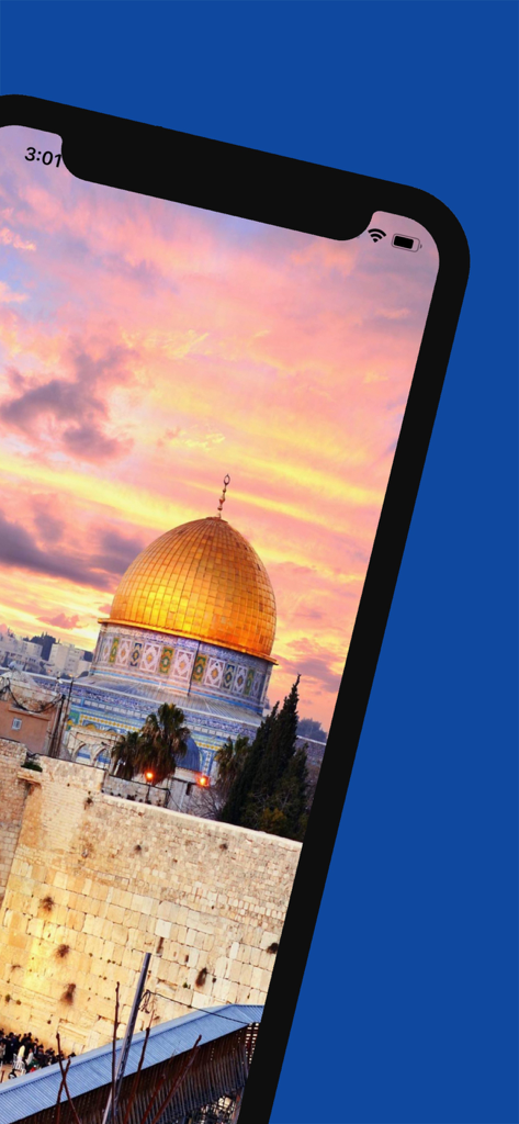 Mobile app screenshot showing the Dome of the Rock in Jerusalem at sunset.