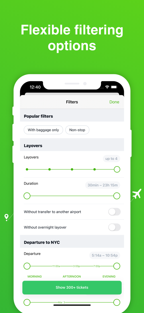 Flight search filters in the Low Fare Flights app showing layover and departure time options