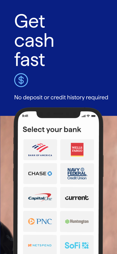 Possible app interface for selecting a bank account to receive fast cash