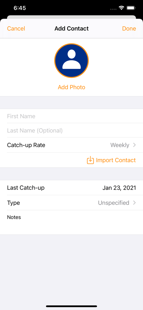 Der Bildschirm Kontakt hinzufügen in der Kontaktr-App zeigt Felder für Name, Treffen-Rate und Interaktionsnotizen.