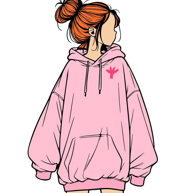realistic girl with a oversized sweatshirt on and a bun