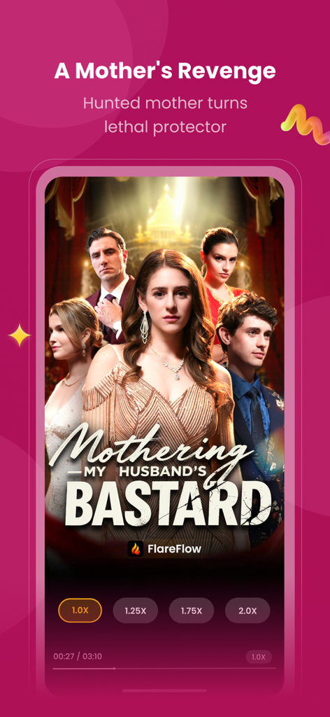 FlareFlow mobile app screen showing the drama Mothering My Husbands Bastard with video playback speed options