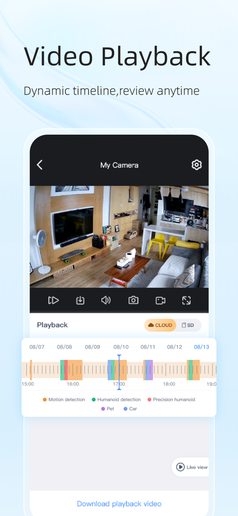 EseeCloud(IP Pro, VR Cam) - Interfaz de la aplicación EseeCloud que muestra la reproducción de video de la cámara de seguridad con una línea de tiempo de eventos dinámica codificada por colores