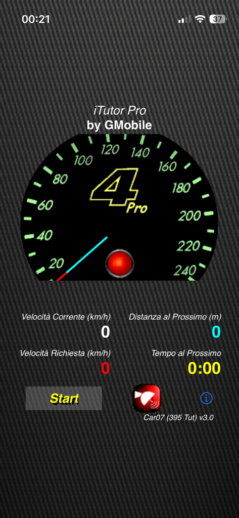 Interfaz de la aplicación iTutor Pro con velocímetro para el seguimiento de la velocidad media en las autopistas italianas