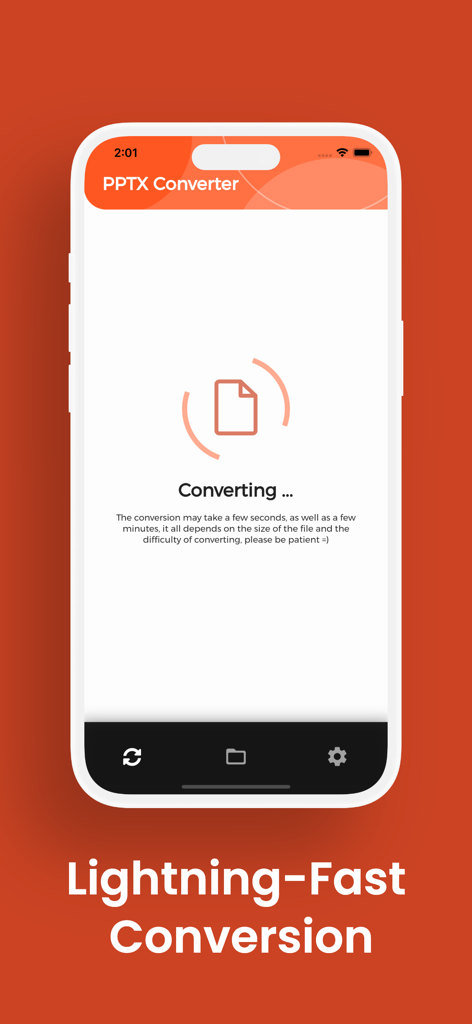 PPTX Converter, PPTX to PDF - Tela do aplicativo Conversor PPTX mostrando processo de conversão ultrarrápido