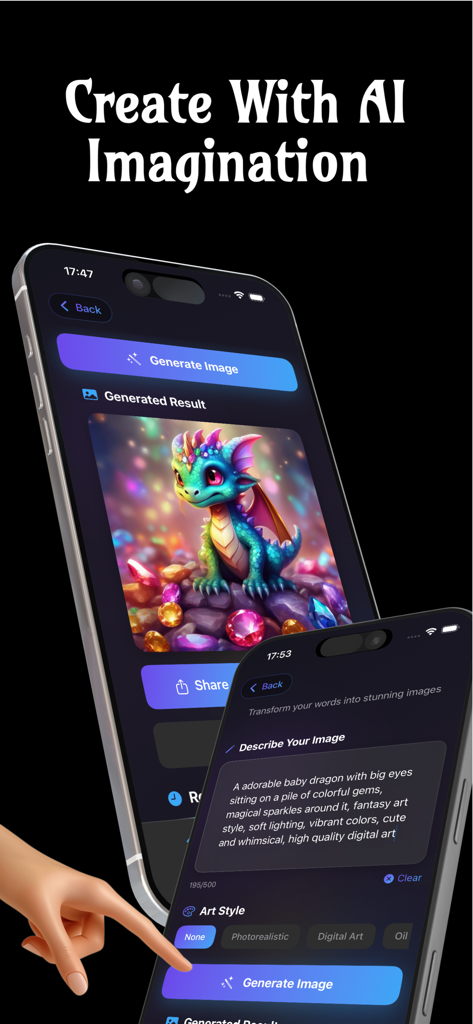 Craiyon AI Mobile - Interface of the Craiyon AI Mobile app showing a generated fantasy dragon image and the text prompt used to create it