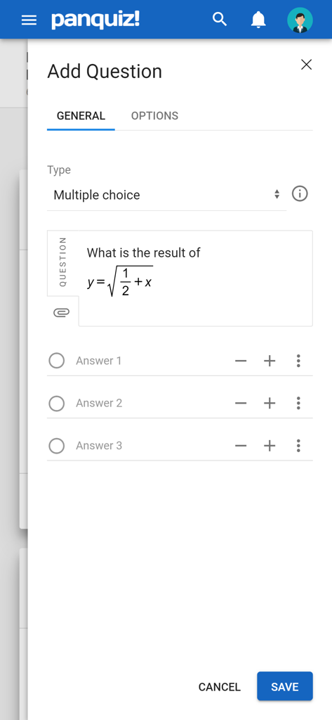 PanQuiz! - Interface for adding a multiple choice question with a mathematical formula in the PanQuiz app
