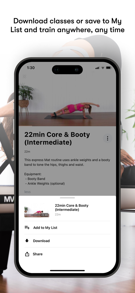 Pilates Project - Pantalla de la aplicación Pilates Project mostrando opciones para descargar o guardar una clase de entrenamiento de Core y Glúteos de 22 minutos para entrenamiento sin conexión