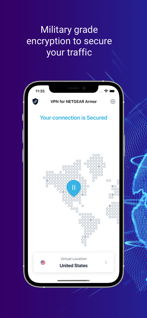 NETGEAR VPN - NETGEAR VPN mobile app interface showing a secured connection in the United States
