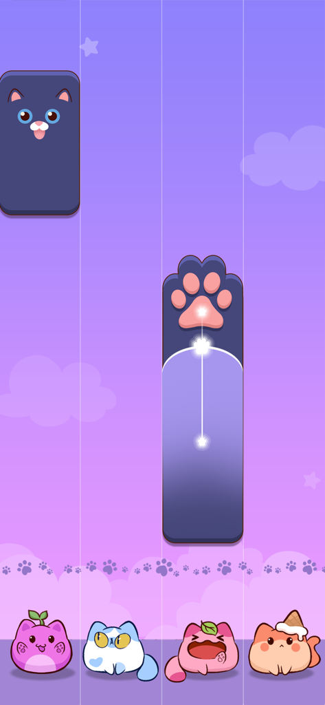 Piano Cat Tiles - Gameplay screen of Piano Cat Tiles showing cute cat-themed music tiles and cartoon characters on a purple background.