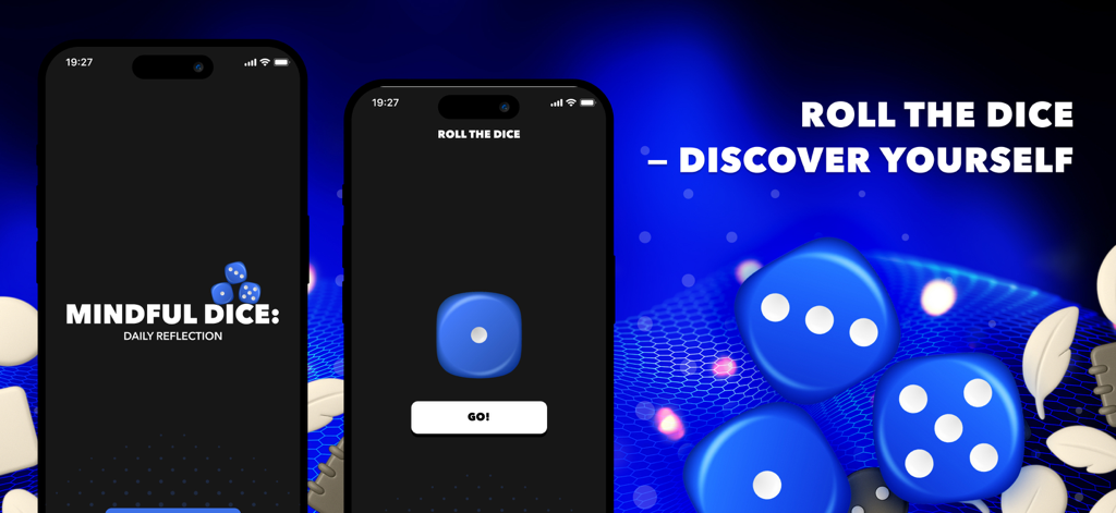 Mindful Dice app interface on smartphones showing the dice rolling feature for daily prompts