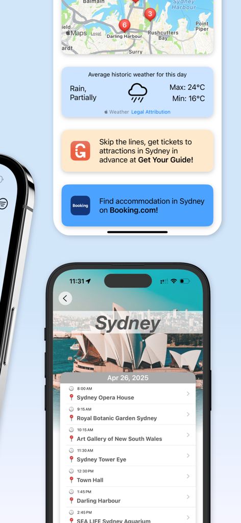 Make My Day: AI Trip Planner - Make My Day app showing a detailed Sydney travel itinerary with a map weather forecast and booking options for tickets and hotels