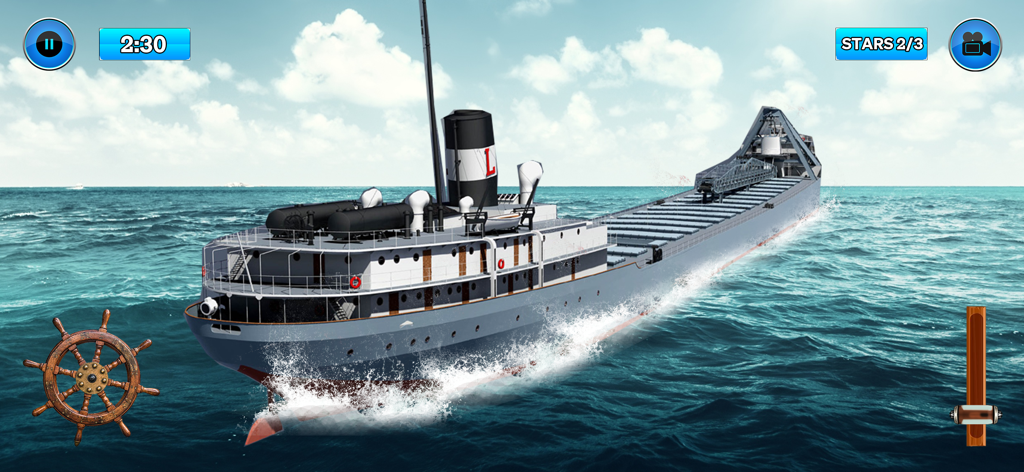 Ship Simulator Port Games 2024 - Large cargo ship navigating open sea with game controls in Ship Simulator Port Games