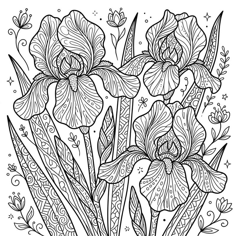 Unleash your creativity with this exquisite Zentangle Purple Irises coloring page. Each intricate pattern invites you into a world of meditative artistry, perfect for floral enthusiasts and pattern lovers.