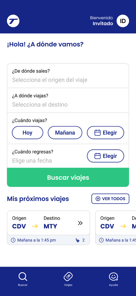 Transpais - Transpais mobile app search screen for booking bus tickets