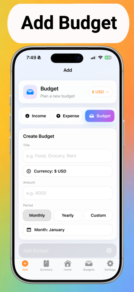 Budget Planner Buddy :Bilancio - A tela Adicionar Orçamento do aplicativo Bilancio mostrando um formulário para definir valor da categoria e período do orçamento.